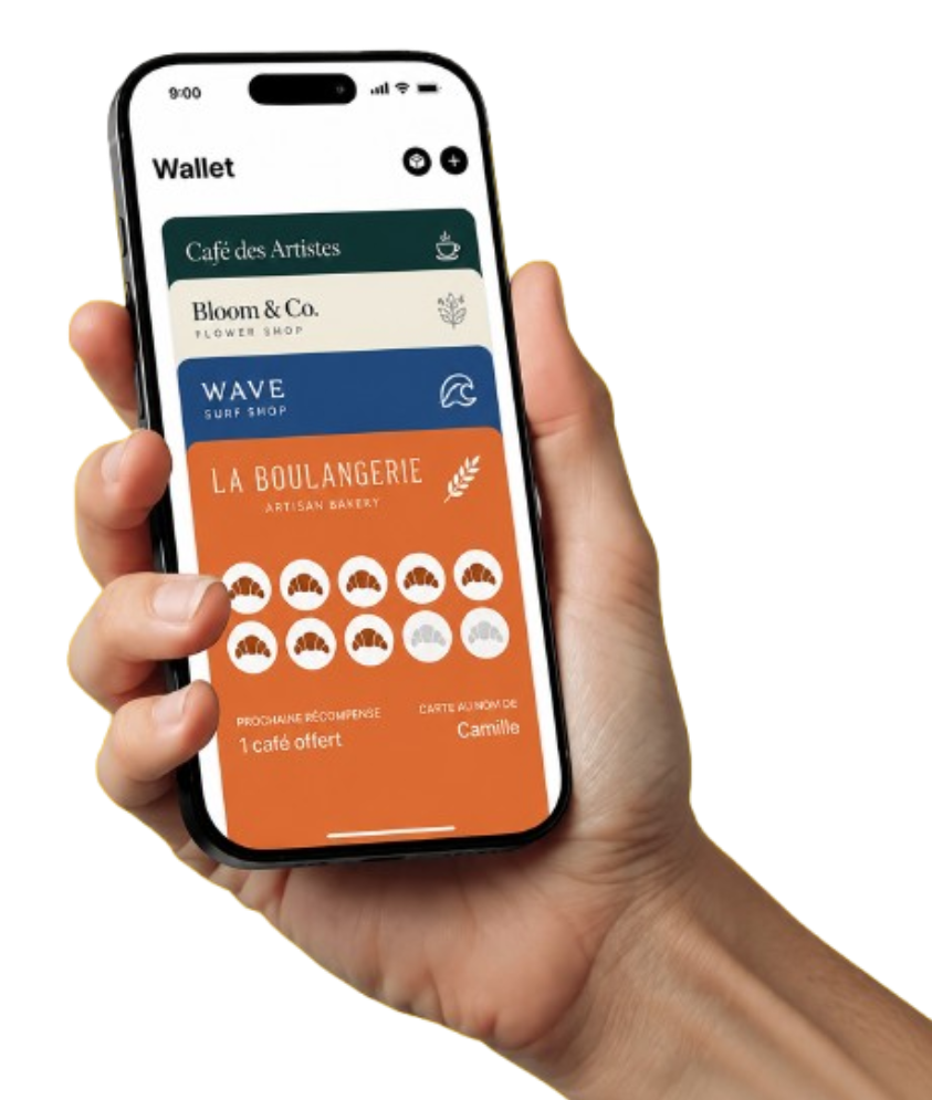 A phone showing digital loyalty cards in a mobile wallet