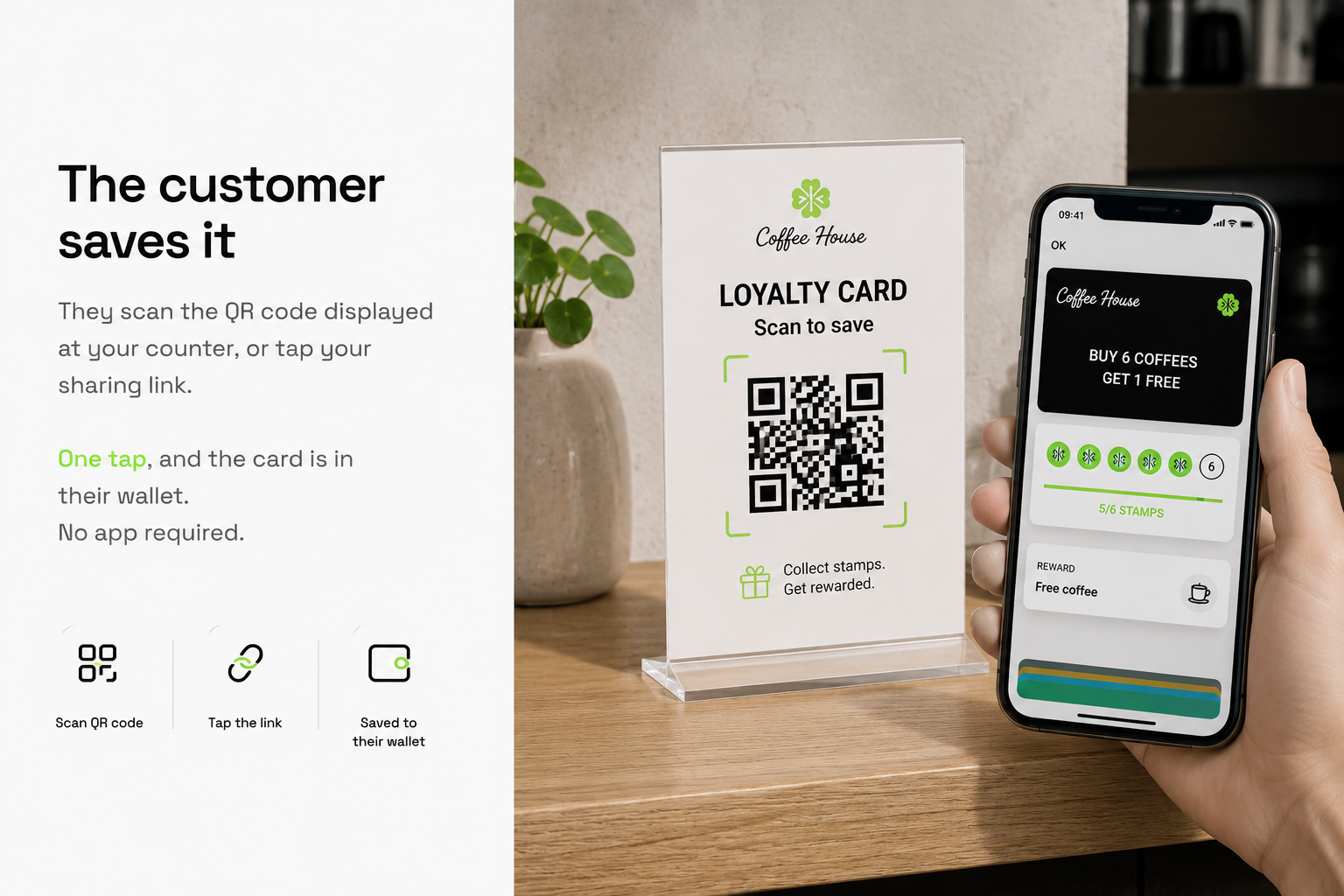 A phone scanning the loyalty QR code at the counter