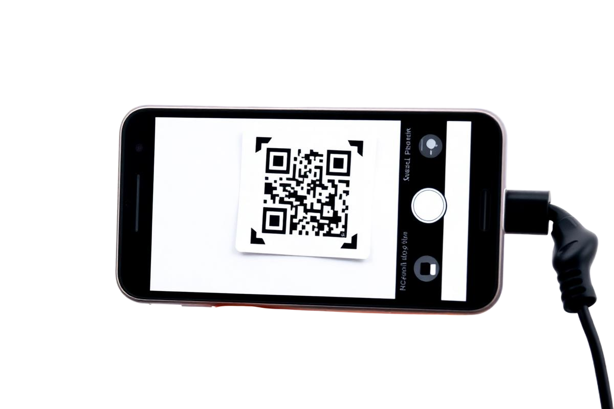 A phone scanning the loyalty QR code at the counter
